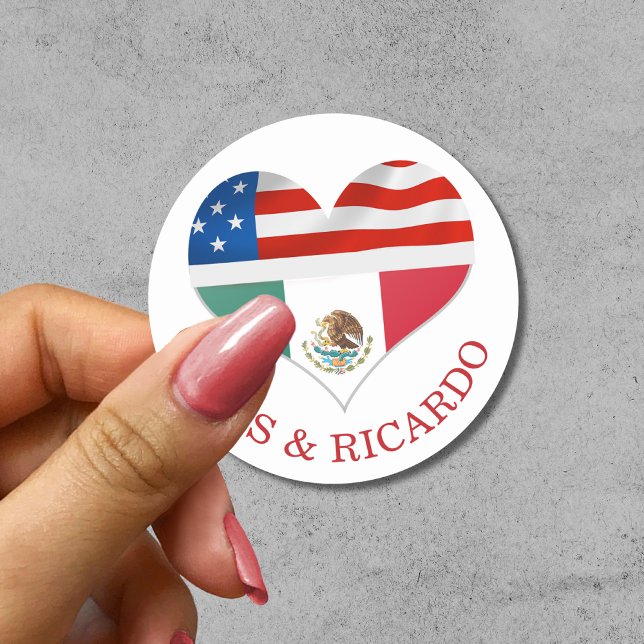 Mexican  American Flags Hearts wedding  Classic Round Sticker (Creator Uploaded)