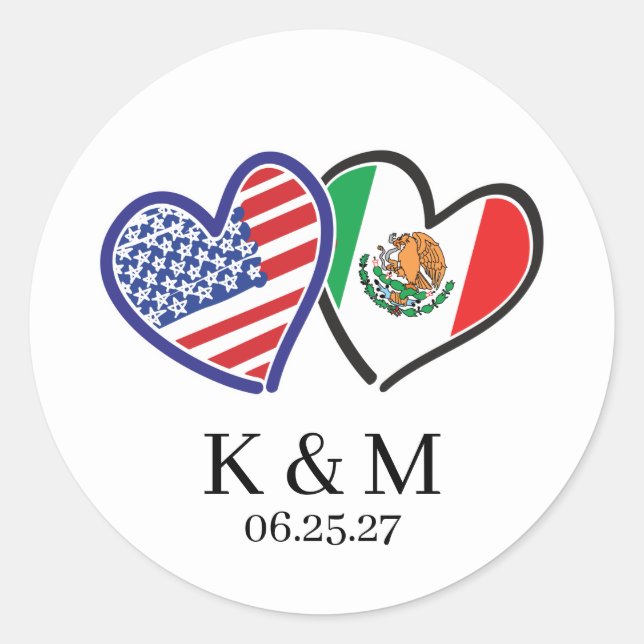 Mexican American Heart Flags Classic Round Sticker (Front)