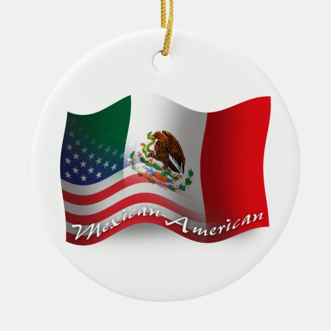 Mexican-American Waving Flag Ceramic Ornament (Front)
