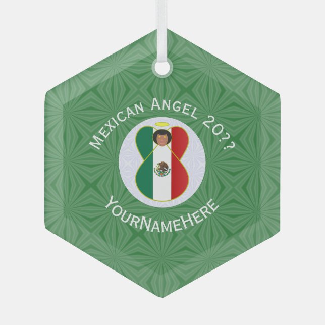 Mexican Angel Christmas Flag Personalized  Glass Ornament (Front)