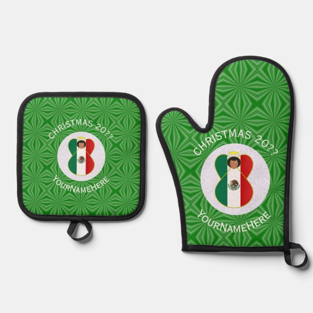Mexican Angel Christmas Flag Personalized  Oven Mitt & Pot Holder Set (Front)