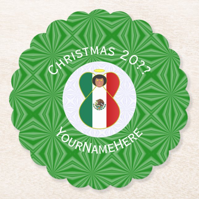Mexican Angel Christmas Flag Personalized Paper Coaster (Front)