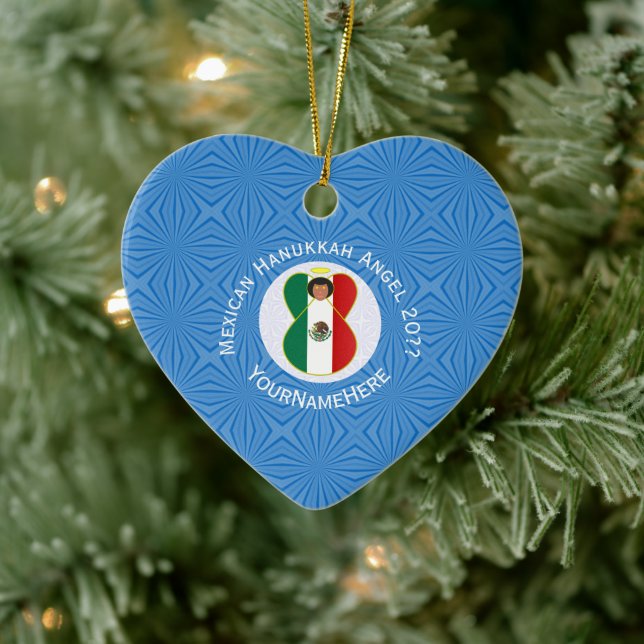Mexican Angel Hanukkah Flag Personalized  Ceramic Ornament (Tree)