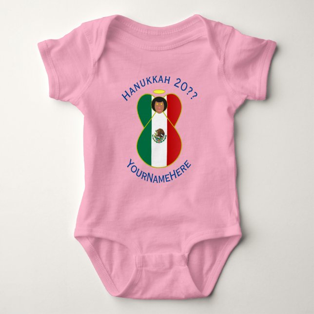 Mexican Angel Hanukkah Flag Personalized Girl Baby Bodysuit (Front)
