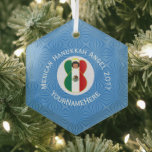 Mexican Angel Hanukkah Flag Personalized  Glass Ornament<br><div class="desc">An angel flies wearing the flag of Mexico for Hanukkah. Designed for families with multiple religions, she flies in a white circle of squiggly squares on a background of blue squiggly squares on a hexagon shaped glass ornament. Customize by adding the year you want to make this special. Personalize with...</div>