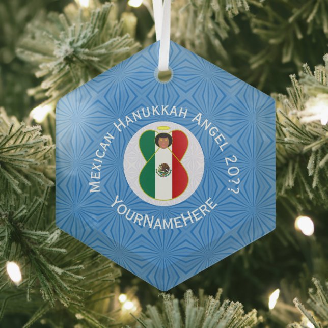 Mexican Angel Hanukkah Flag Personalized  Glass Ornament (Insitu)