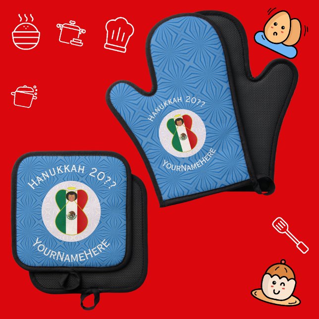 Mexican Angel Hanukkah Flag Personalized  Oven Mitt & Pot Holder Set (Oven mitts for Hanukkah with an angel dressed in Mexican flag. White text for name, year, holiday.)
