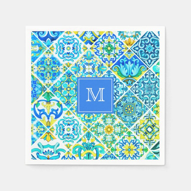 Mexican aqua mint Sicilian Mediterranean tiles Napkins (Front)
