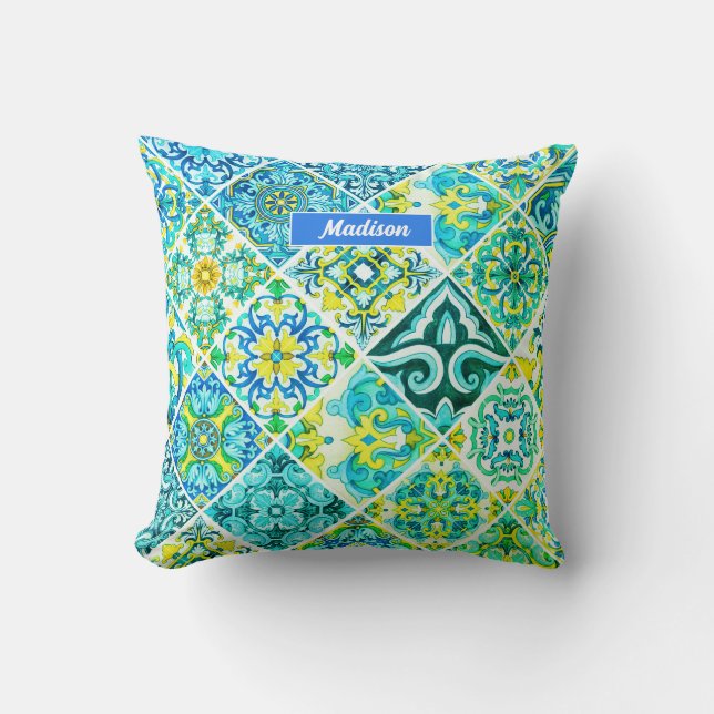 Mexican aqua mint Sicilian Mediterranean tiles Throw Pillow (Front)