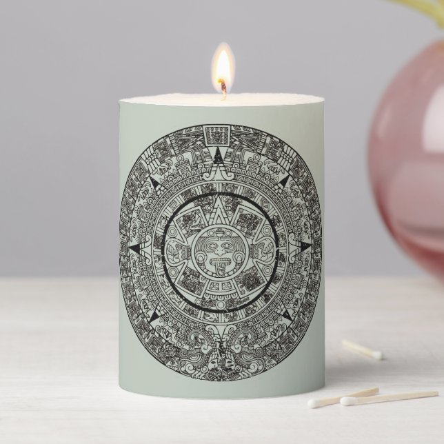 Mexican Aztec Sun Stone Mayan Calendar 1 Pillar Candle (In Situ)