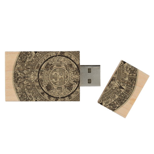 Mexican Aztec Sun Stone Mayan Calendar 1 Wood Flash Drive (Opened)