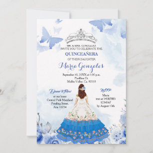Mexican Baby Blue Butterfly Quinceanera Birthday Invitation