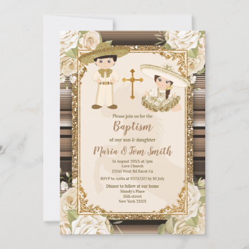 Mexican Baptism Fiesta Floral Twin Boy and Girl In Invitation