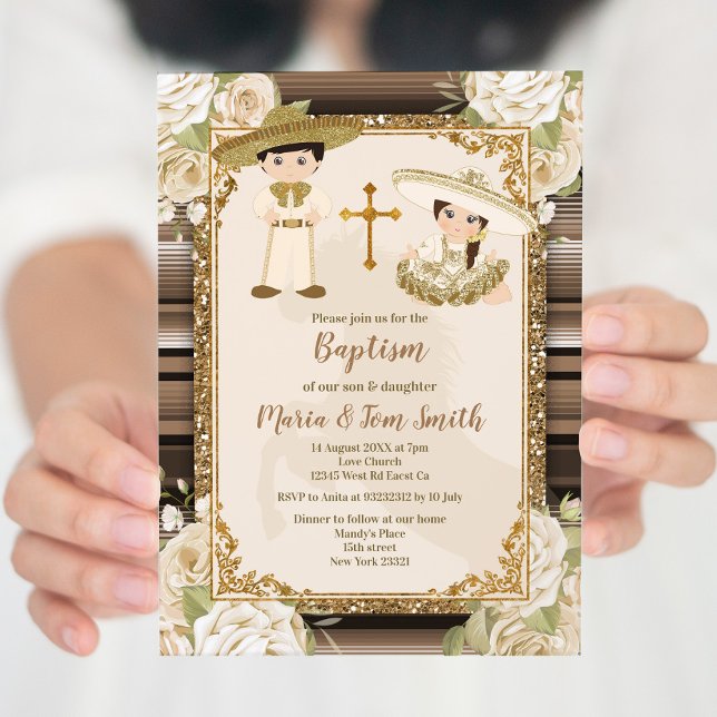 Mexican Baptism Fiesta Floral Twin Boy and Girl In Invitation (Creator Uploaded)