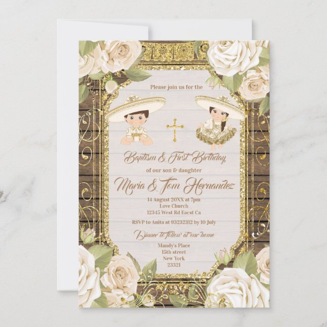 Mexican Baptism White Floral Twin Boy and Girl Invitation (Front)