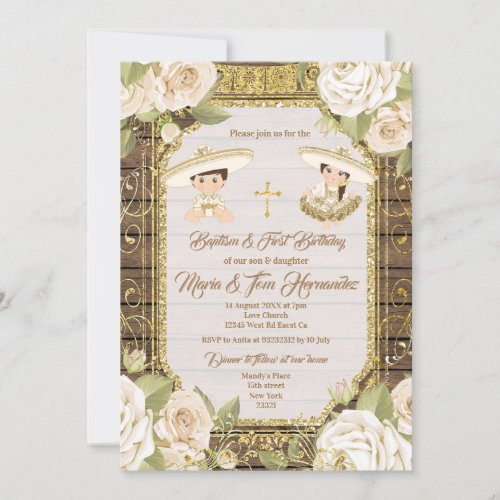 Mexican Baptism White Floral Twin Boy and Girl Invitation