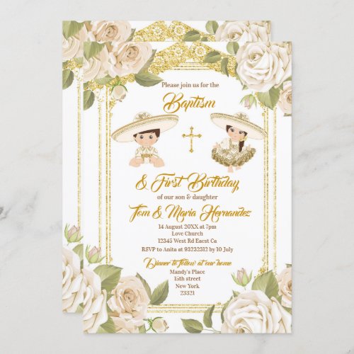 Mexican Baptism White Floral Twin Boy and Girl Invitation