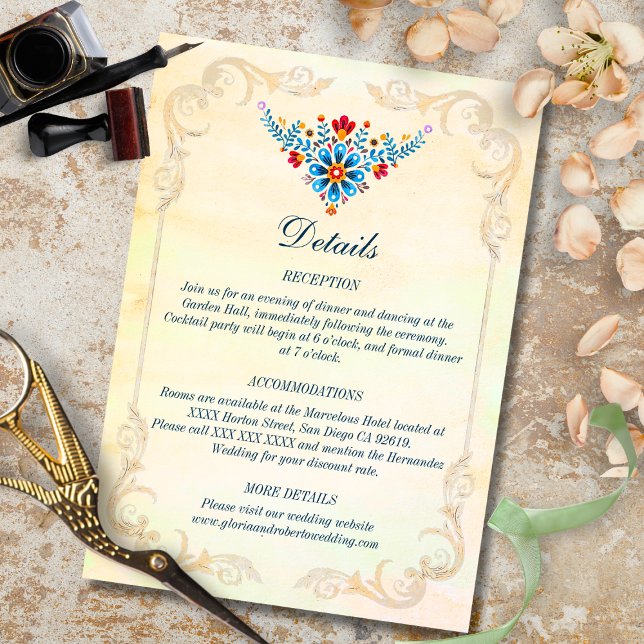 Mexican Baroque Hummingbird Floral Wedding Enclosure Card (Mexican floral hummingbird enclosure card with ornate gold scroll frame and floral motif.)
