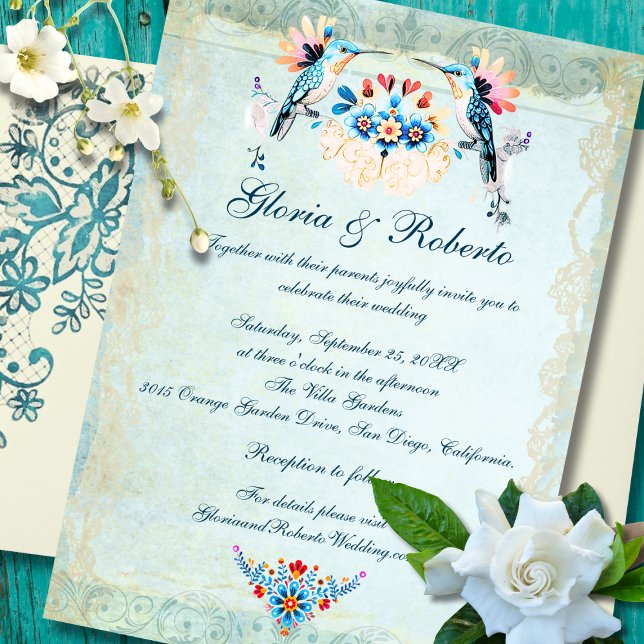 Mexican Baroque Hummingbird Floral Wedding Invitation (Romantic Mexican Baroque Hummingbird Floral wedding invitation with aqua background.)