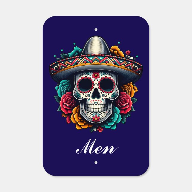 Mexican Bathroom Sign Sugar Skull Metal (Front)