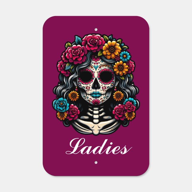 Mexican Bathroom Sign Sugar Skull Metal (Front)