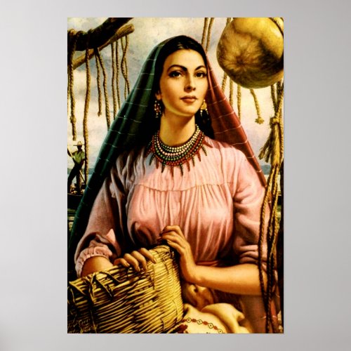 Mexican Beautiful Calendar Girl on Fishing Boat   Poster