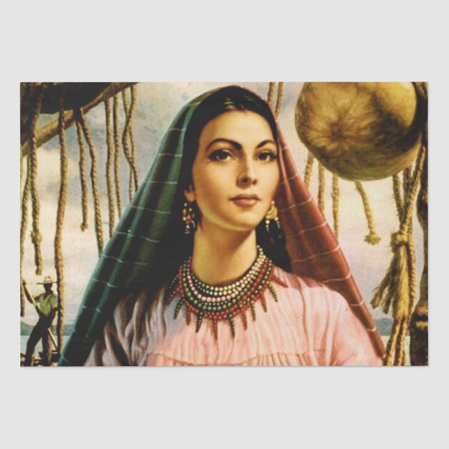 Mexican Beautiful Calendar Girl on Fishing Boat  Tissue Paper (Front)