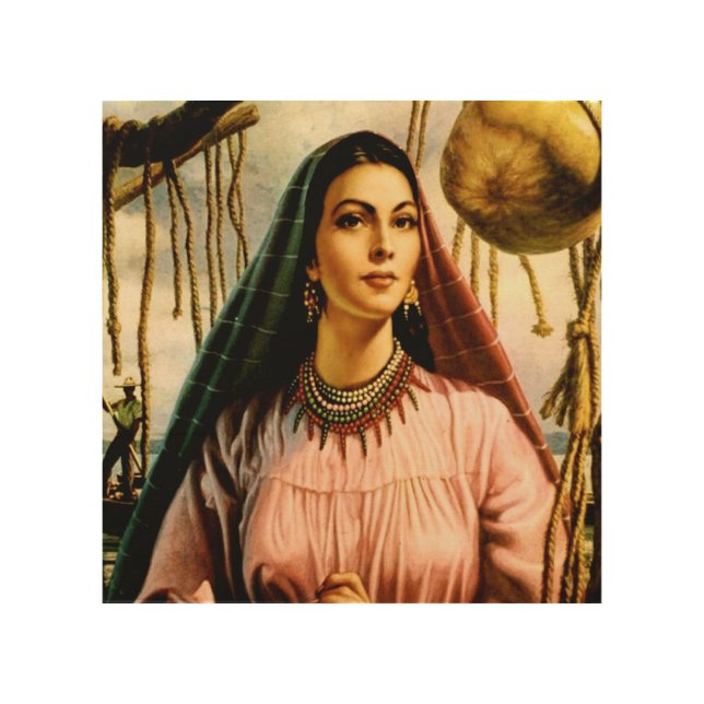 Mexican Beautiful Calendar Girl on Fishing Boat   Wood Wall Art (Front)