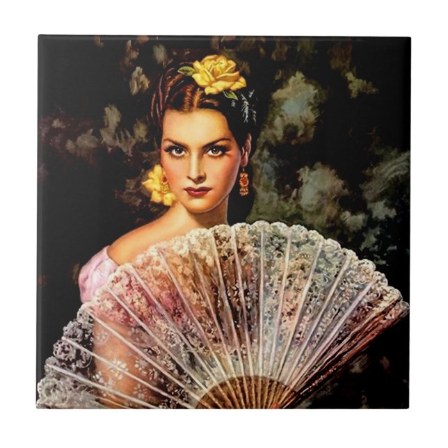 Mexican Beautiful Calendar Girl with Lace Fan  Ceramic Tile (Front)