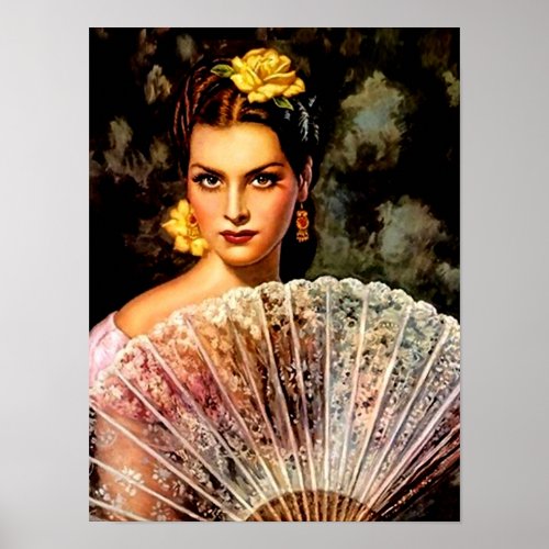 Mexican Beautiful Calendar Girl with Lace Fan  Poster