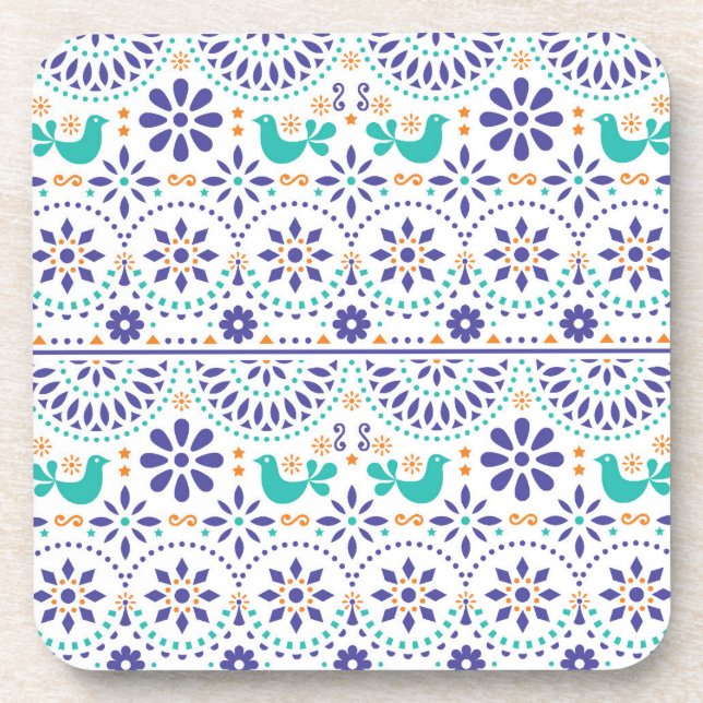 Mexican Bird Tile Folk Art Pattern Beverage Coaster (Front)
