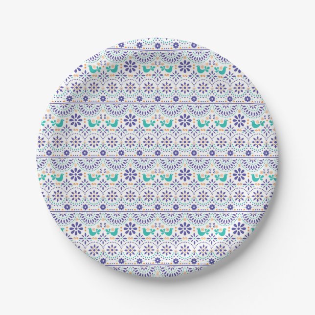 Mexican Bird Tile Folk Art Pattern Paper Plates (Front)