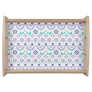 Mexican Bird Tile Folk Art Pattern Serving Tray