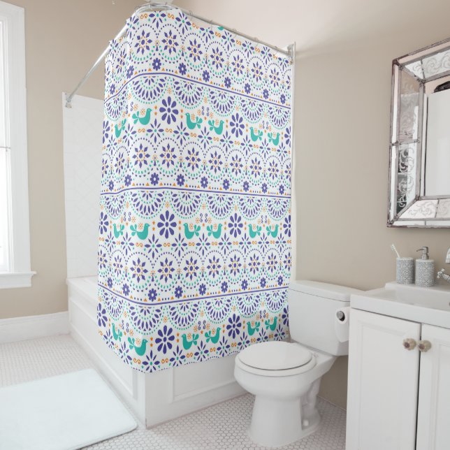 Mexican Bird Tile Folk Art Pattern Shower Curtain (In Situ)