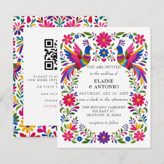 Mexican Birds Otomi Floral Fiesta QR Code Wedding Invitation