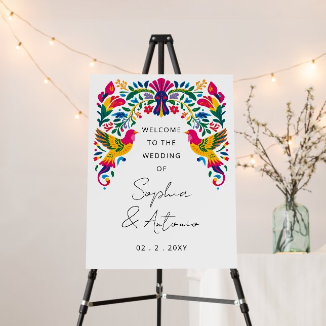 Mexican Birds Otomi Floral Fiesta Welcome Sign (In Situ (Stand))