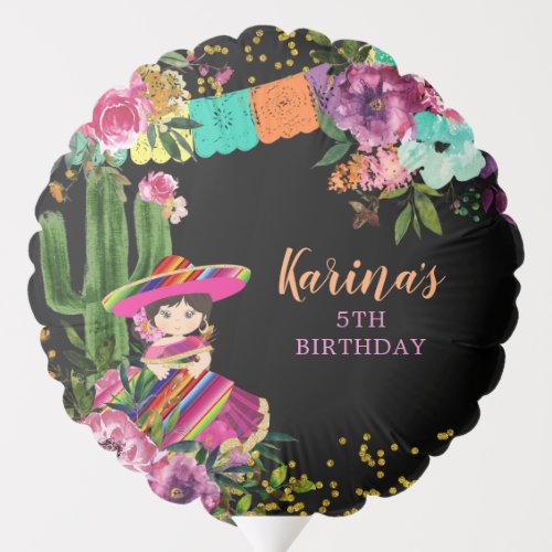 Mexican Black Colorful Fiesta Floral Birthday Balloon