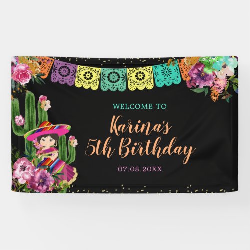 Mexican Black Colorful Fiesta Floral Birthday Banner
