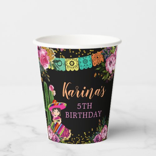 Mexican Black Colorful Fiesta Floral Birthday Paper Cups