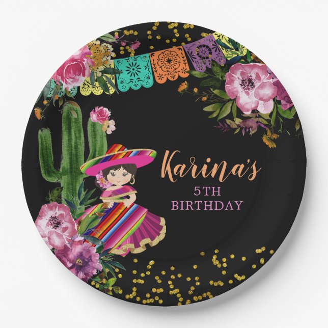 Mexican Black Colorful Fiesta Floral Birthday Paper Plates (Front)