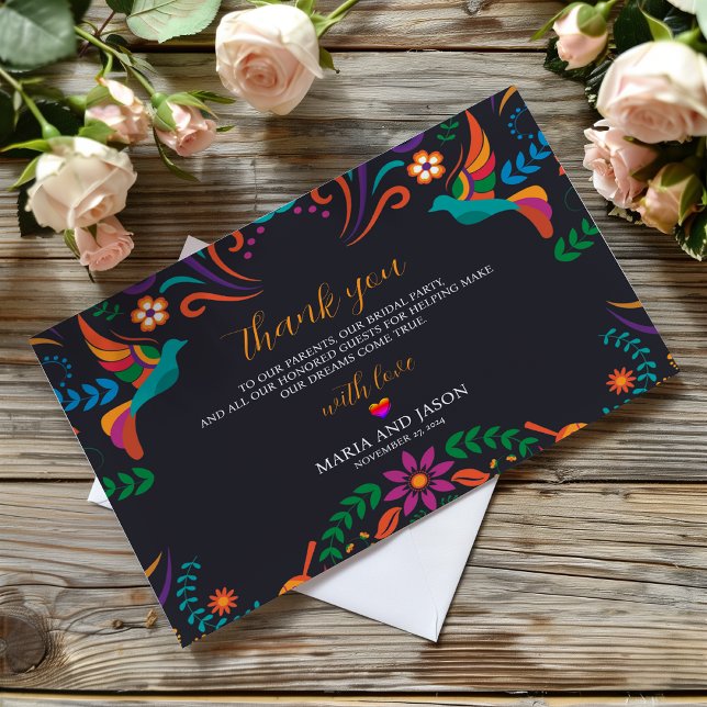 Mexican Black Colorful Floral Nuestra Boda Wedding Thank You Card (Mexican Black Colorful Floral Nuestra Boda Wedding Thank You Card)