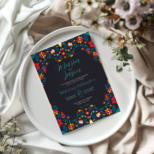Mexican Black Floral Colorful Elegant Boda Wedding Invitation