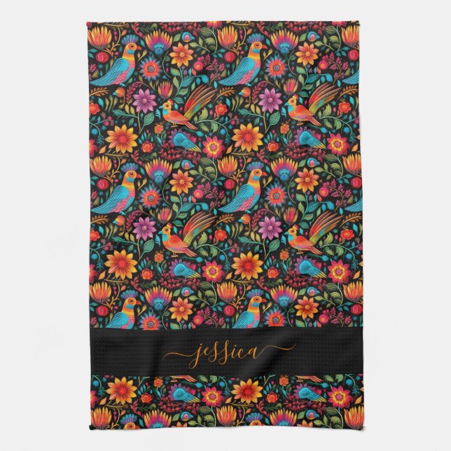 Mexican black floral script name apron kitchen towel (Vertical)
