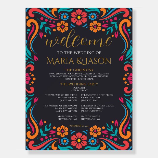 Mexican Black Floral Traditional Wedding Program Foam Board (Front)