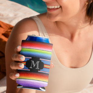 Mexican Blanket Fiesta Stripes Colorful Monogram Can Cooler