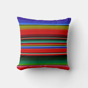 Mexican Blanket Stripes Colorful Blue Red Spanish Throw Pillow