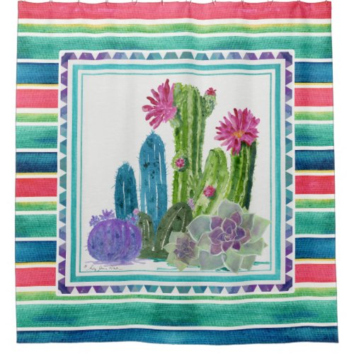 Mexican Blanket Watercolor Colorful Cactus Floral Shower Curtain