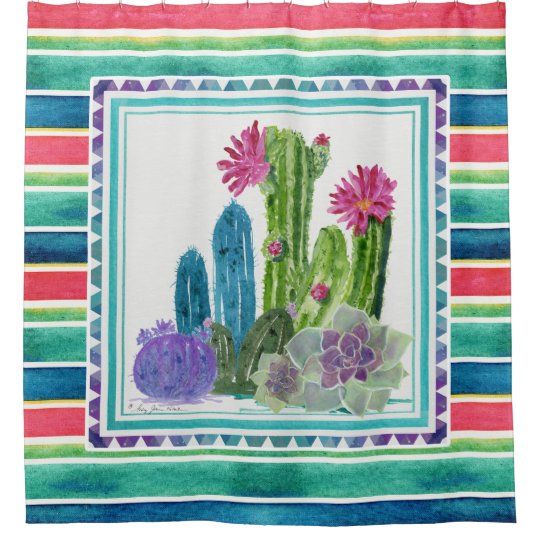 Mexican Blanket Watercolor Colorful Cactus Floral Shower Curtain