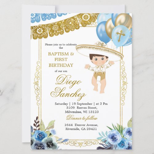 Mexican Blue and Gold Charro Baptism and Birthday  Invitation