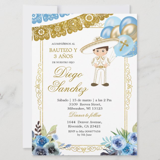 Mexican Blue and Gold Charro Baptism and Third Inv Invitation (Front)